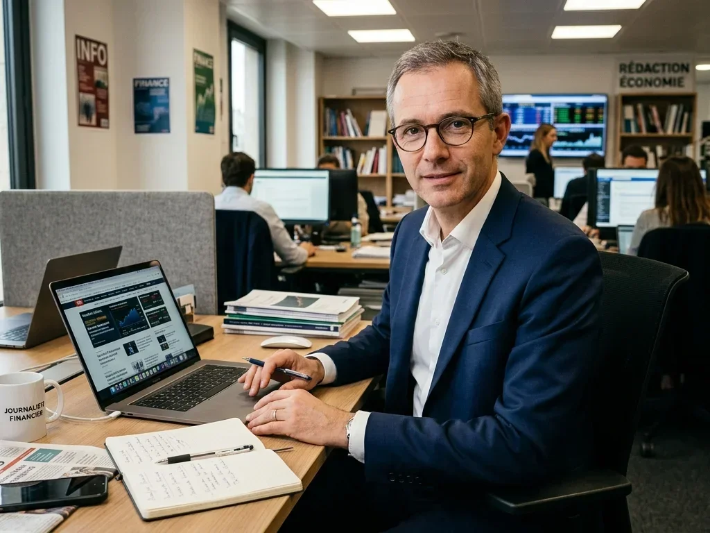Portrait de Antoine Macque, journaliste spécialisée en finance, illustrant son expertise professionnelle au bureau.