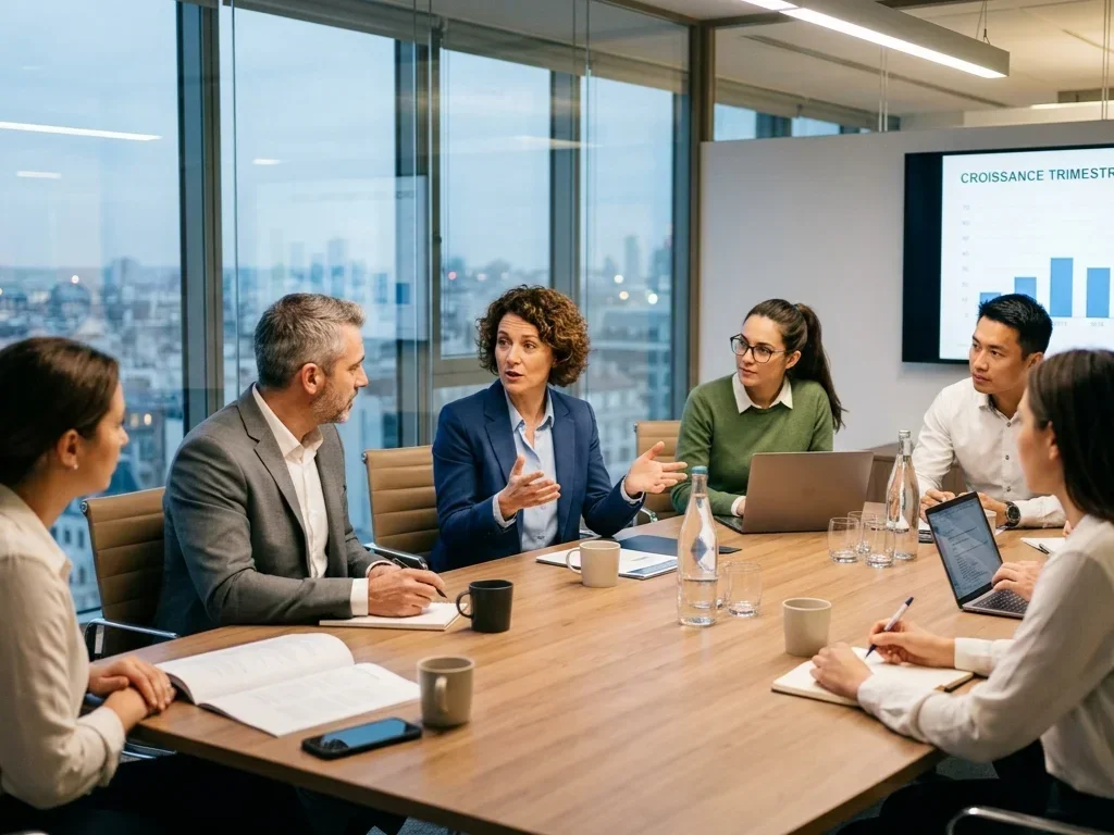 Équipe de professionnels collaborant autour de documents dans un bureau lumineux et moderne.