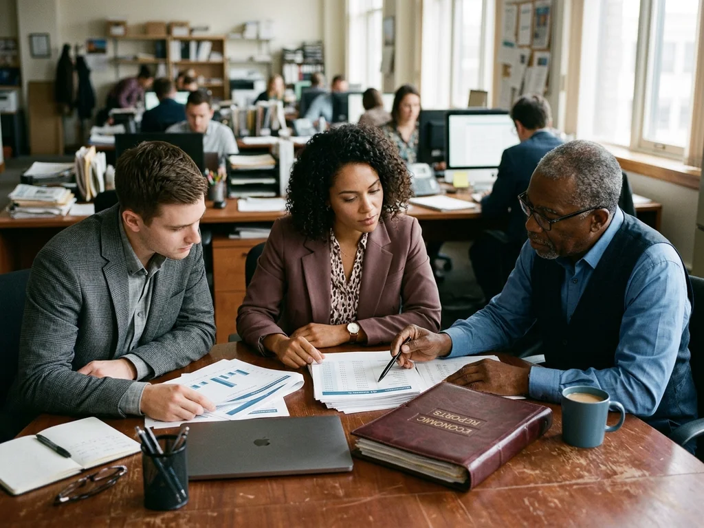 Équipe de rédaction collaborant autour de rapports financiers sur une table de réunion en bois.