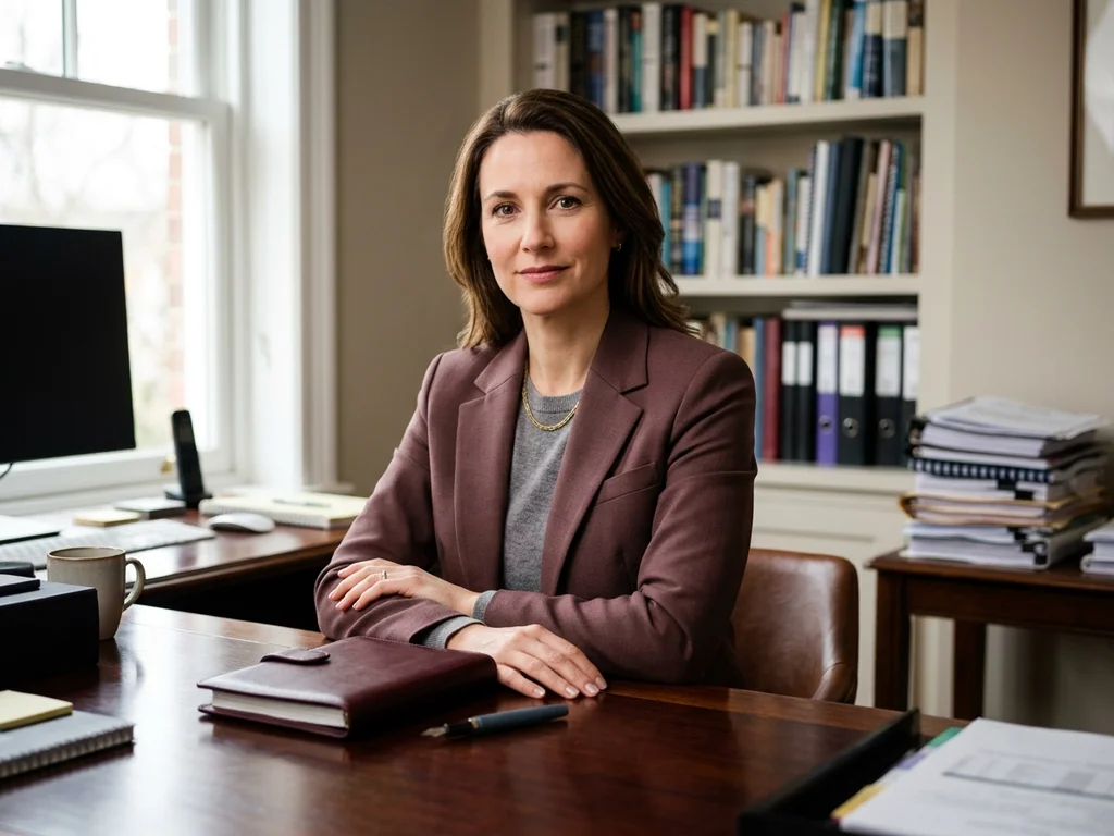 Portrait de Sophie Delacroix, journaliste spécialisée en finance, illustrant son expertise professionnelle au bureau.