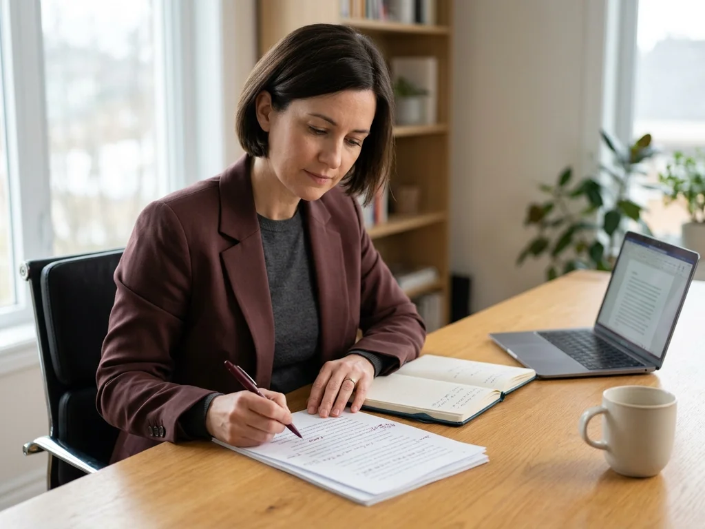 Rédactrice dans un bureau lumineux avec documents, illustrant l'accueil de la rédaction B2B.